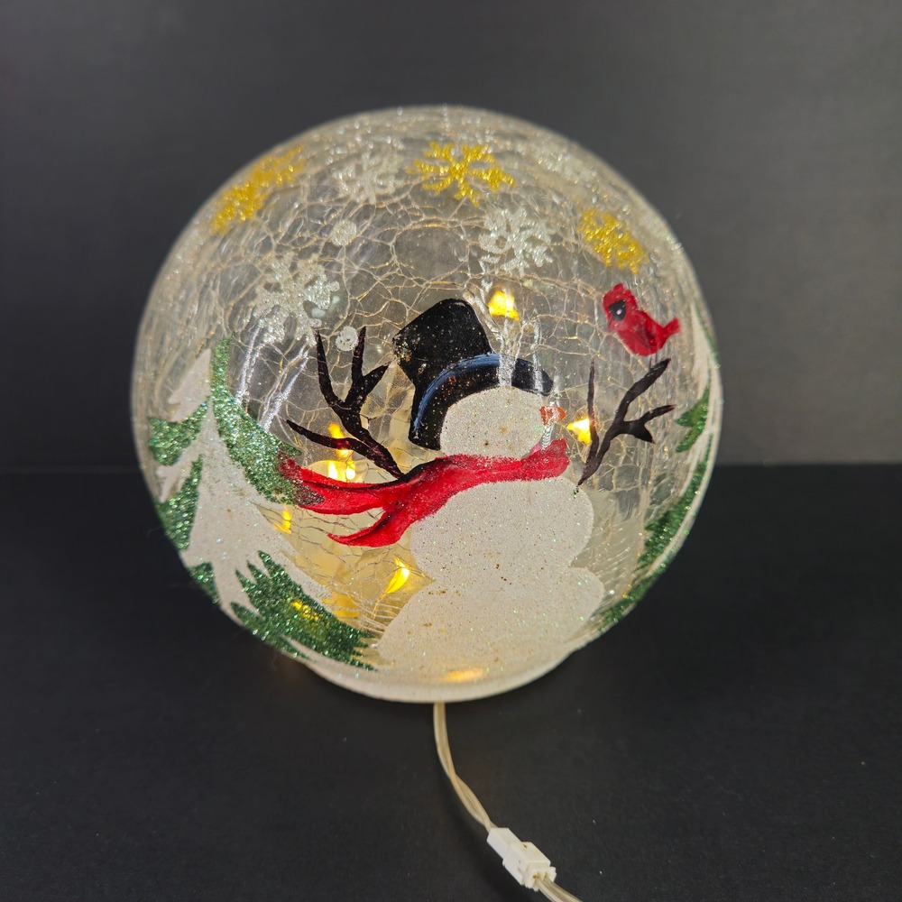 Christmas Snowman Lighted Crackle Glass Globe Cardinal Tree Glitter Decor AA bat
